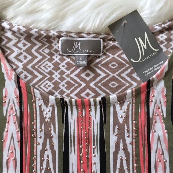 JM COLLECTION Studded Top w/Tandoori Geometric Print - Picture 1 of 8